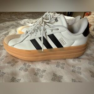 Adidas Women's White and Black Sneakers with Tan Sole Platform